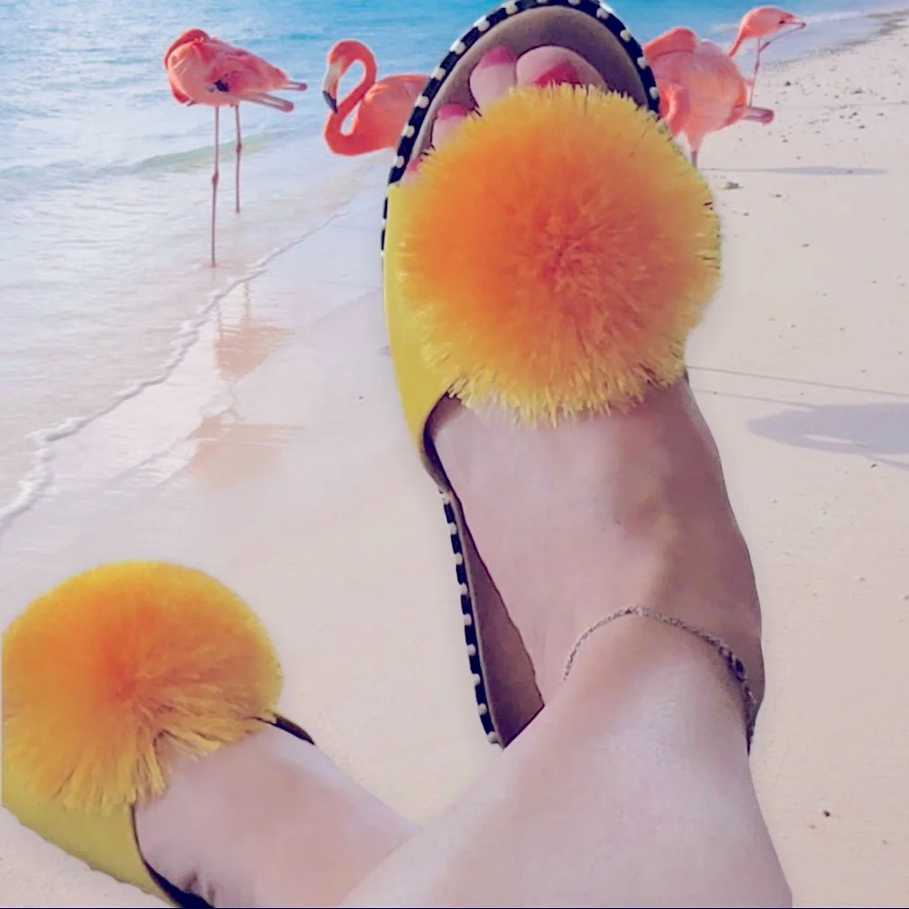 Italina Boho Yellow Pom Pom Slide On Padded Mule Sandals